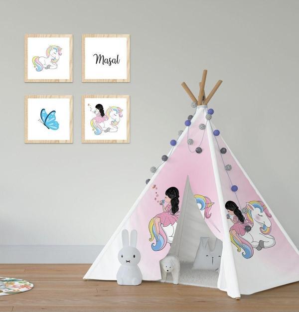 Cici Odam Çocuk Bebek Odası Oyun Çadırı Renkli Unicorn Elinde Kelebek Kız - Image 1