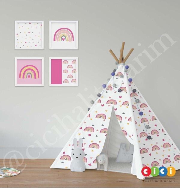 Cici Odam Çocuk Bebek Odası Oyun Çadırı Renkli Gökkuşağı ve Kalp - Image 1