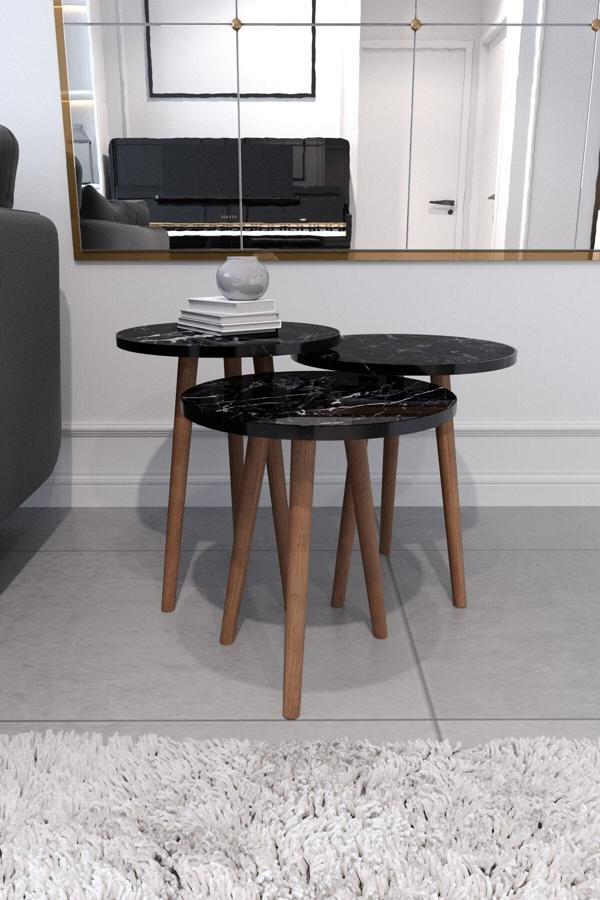 Enda Home Ahşap Ayaklı 3'Lü Zigon Sehpa Siyah Mermer - Image 1