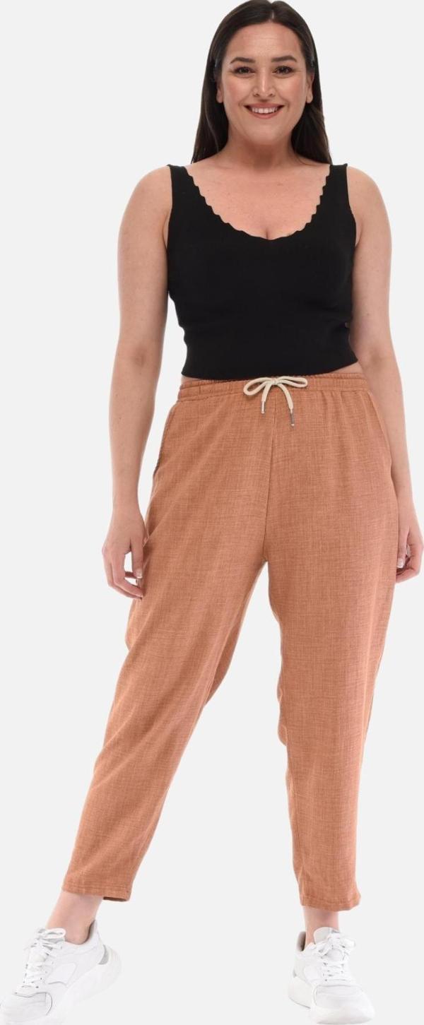 Kadın Büyük Beden Sentetik Keten Yüksek Bel Lastikli Dar Paça Mom Pantolon C611 - Image 1