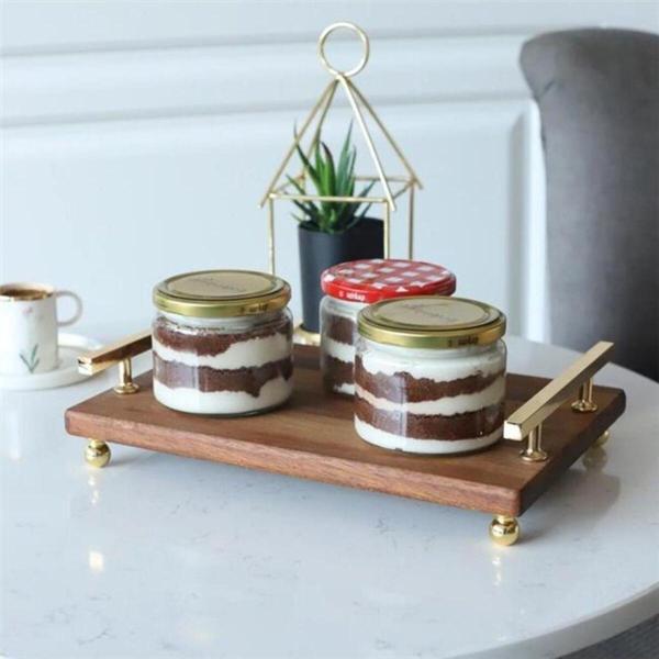 Akayev Ahşap Altın Boncuk Ayaklı Florya 30X19 Cm Tepsi, Nişan Söz Tepsi Gold Kulplu, Kahve Köşesi Sunumluk - Image 1