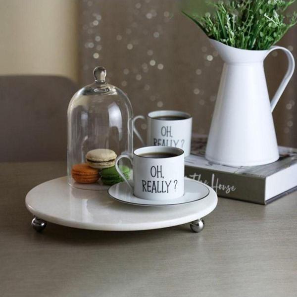 Akayev Mermer Beyaz 28 Cm Gümüş Boncuk Ayak Yuvarlak Sunumluk - Image 1