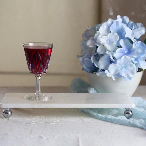 Akayev Mermer Beyaz 30X15 Cm Gümüş Boncuk Ayaklı Sunum Tabağı - Image 1