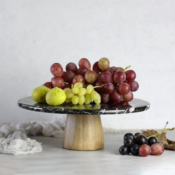 Akayev Mermer 28 Cm Ahşap Konik Ayaklı Siyah Yuvarlak Sunum Tabağı - Image 1