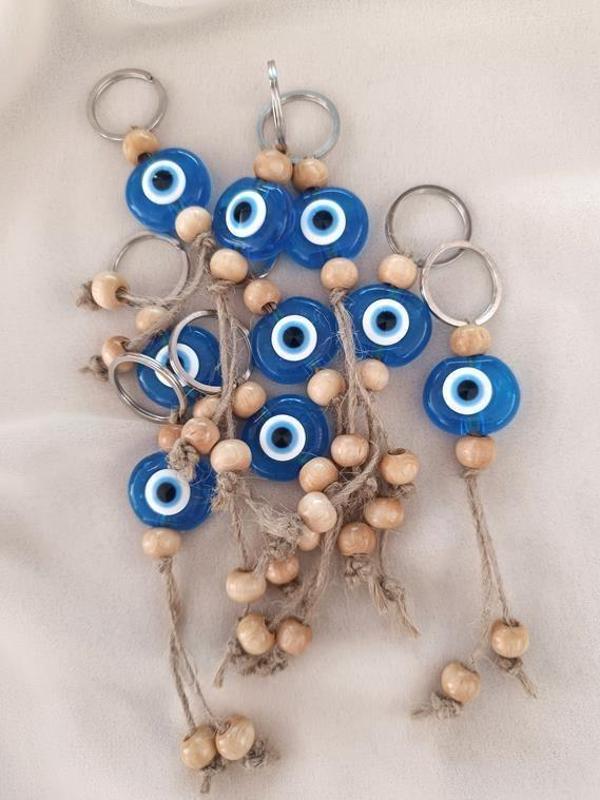 Nazar Boncuk Anahtarlık Şeffaf Mavi 10 Adet Kötü Göz Kovucu Nazar Hand Made Hasır Nazarlı Anahtarlık - Image 1