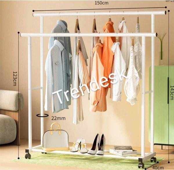 Trendesk Metal Siyah Beyaz Elbise Askısı 2 Katlı Tekerlekli Askı Konfeksiyon Askısı ( Eşek Askı ) 143 cm - Image 1