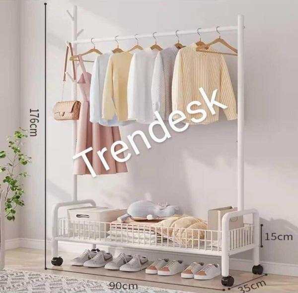 Trendesk Metal Siyah Beyaz Krem 2 Raflı Raflı Konfeksiyon Askılığı Ayaklı Elbise Askılığı 176 cm - Image 1