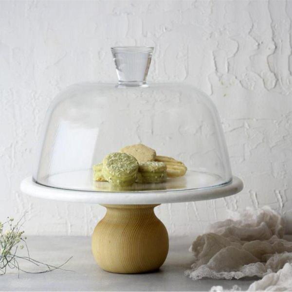 Akayev Mermer 25 Cm Ahşap Ayaklı Beyaz Cam Fanus - Image 1