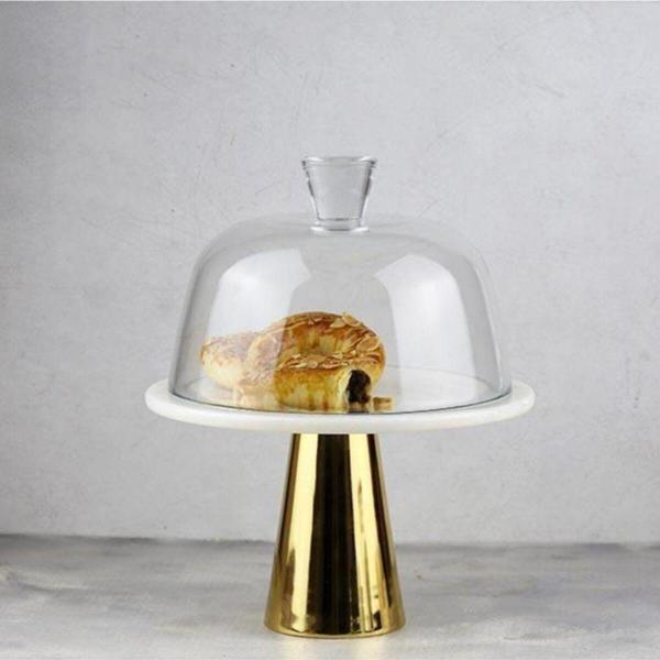 Akayev Mermer 25 Cm Altın Konik Ayak Beyaz Cam Fanus - Image 1