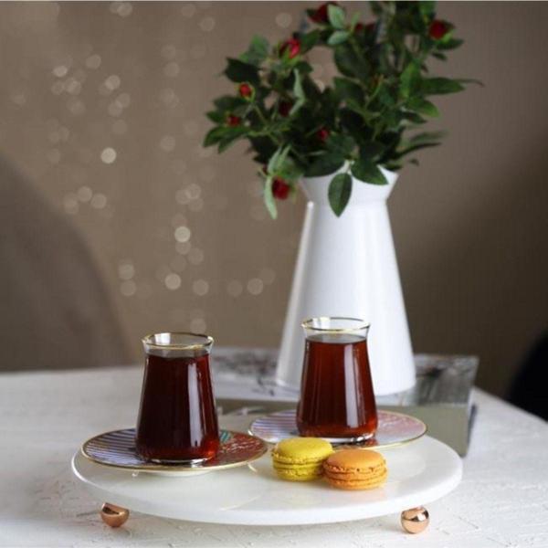 Akayev Mermer Beyaz 30 Cm Rose Gold Boncuk Ayaklı Yuvarlak Sunumluk - Image 1