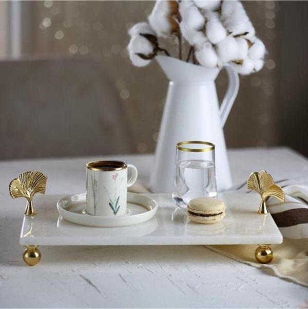 Akayev Mermer Beyaz 30X20 Cm Altın Ayak Ginkgo Sunum Tabağı - Image 1