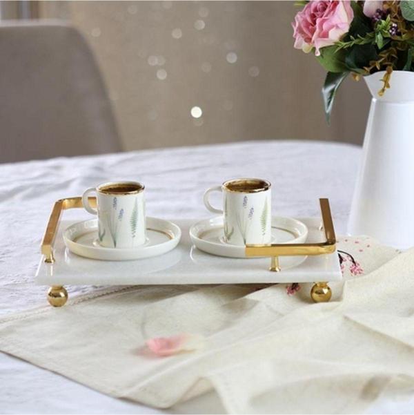 Akayev Mermer Beyaz Altın Boncuk Ayak L Dizayn 30X20 Cm Tepsi - Image 1