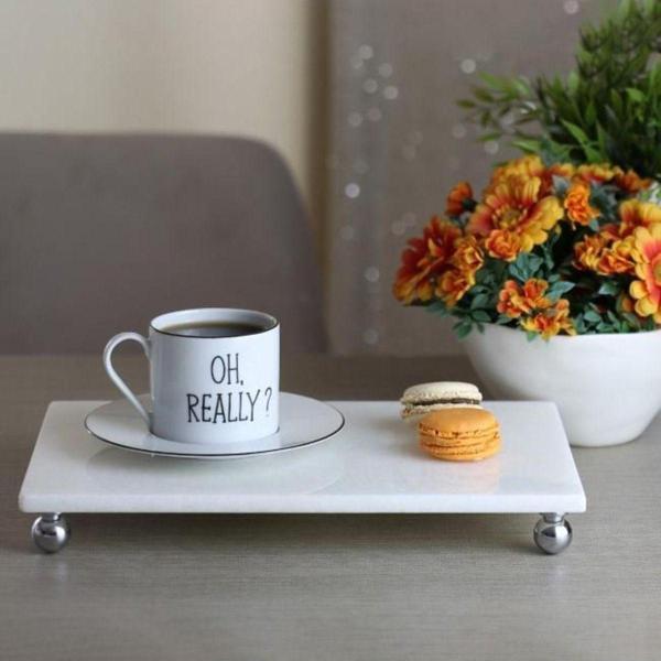 Akayev Mermer Beyaz 30X20 Cm Gümüş Boncuk Ayaklı Sunum Tabağı - Image 1