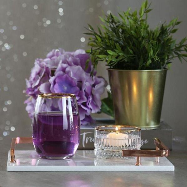 Akayev Mermer Beyaz Rose Gold L Dizayn 30X20 Cm Tepsi Mermer Nişan Söz Tepsi, Kahve Köşesi Sunumluk - Image 1