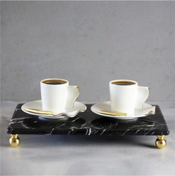 Akayev Mermer Siyah 30X20 Cm Altın Boncuk Ayaklı Sunum Tabağı - Image 1