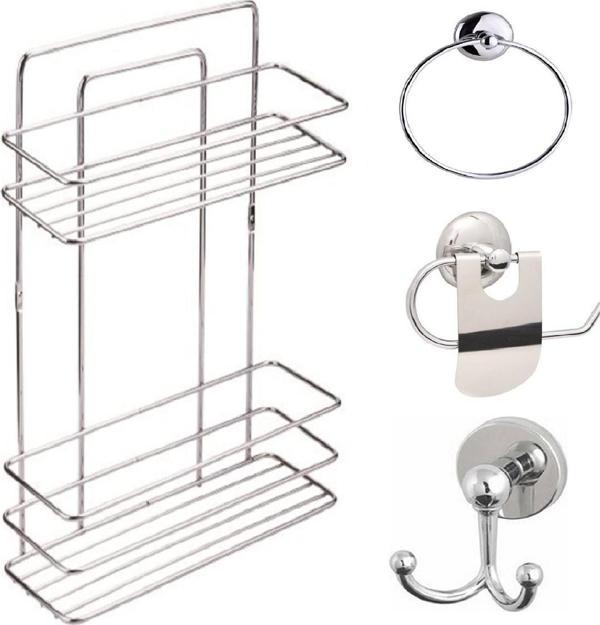 Banyo Aksesuar Seti 4 Lü Krom , Paslanmaz Düz Duş Rafı Şampuanlık Krom TŞ-02 - Image 1