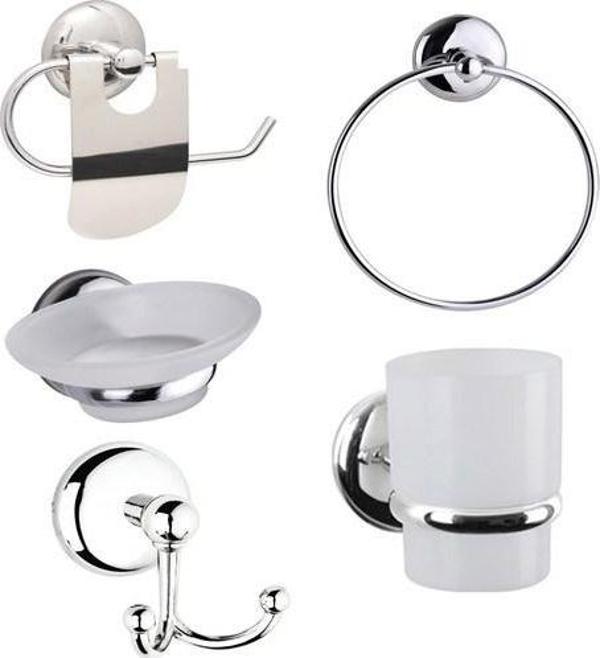 Yuvarlak Havluluklu 5'li Banyo Aksesuar Seti Kapaklı KROM - Image 1
