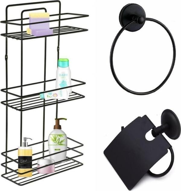 Banyo Aksesuar Seti 3 Lü SİYAH , Ömür Boyu Paslanmaz Düz Duş Rafı Şampuanlık SİYAH TŞ-03  - Image 1