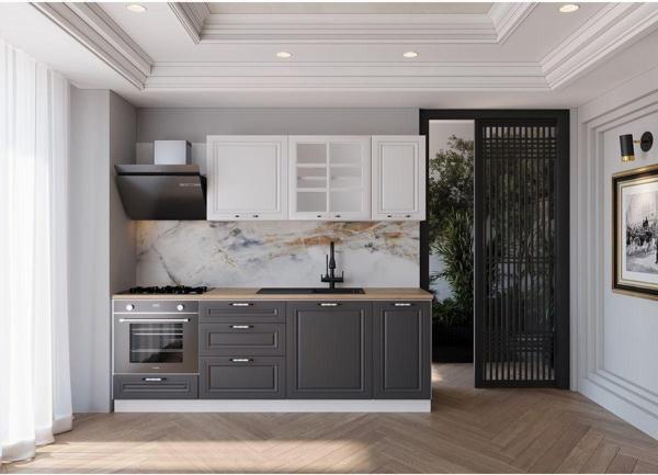 Visas Concept 220 Cm Mdf Gövde Mebran Kapak Üç Çekmeceli Emre Hazır Mutfak - Antrasit - Beyaz(Tezgah Dahil) - Image 1