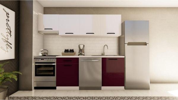 Visas Concept 240 Cm Nazar Hazır Mutfak Dolabı Aspiratör Modüllü Parlak Beyaz Ve Mürdüm(Tezgah Dahil) - Image 1