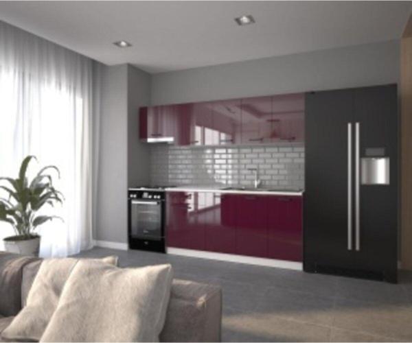 Visas Concept 240 Cm Sümbül Hazır Mutfak Dolabı Parlak Hıgh-Gloss Aspiratör Modüllü Mürdüm(Tezgah Dahil) - Image 1