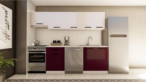 Visas Concept 260 Cm Gülbahar Hazır Mutfak Dolabı Aspiratör Modüllü Parlak Beyaz Ve Mürdüm(Tezgah Dahil) - Image 1