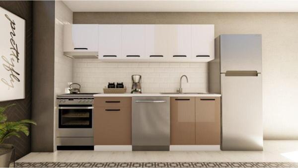 Visas Concept 260 Cm Sezer Hazır Mutfak Dolabı Aspiratör Modüllü Parlak Beyaz Ve Cappuccıno(Tezgah Dahil) - Image 1