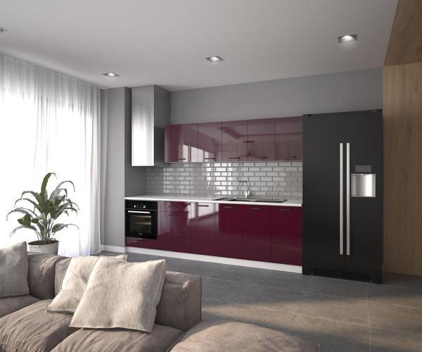Visas Concept 280 Cm Nilüfer Hazır Mutfak Dolabı Hıgh-Gloss Cam Kapaklı Mürdüm(Tezgah Dahil) - Image 1