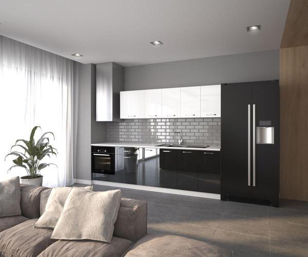 Visas Concept 280 Cm Zümrüt Hazır Mutfak Dolabı Parlak Hıgh-Gloss Ankastre Modüllü Cam Kapaklı Beyaz Ve Siyah - Image 1