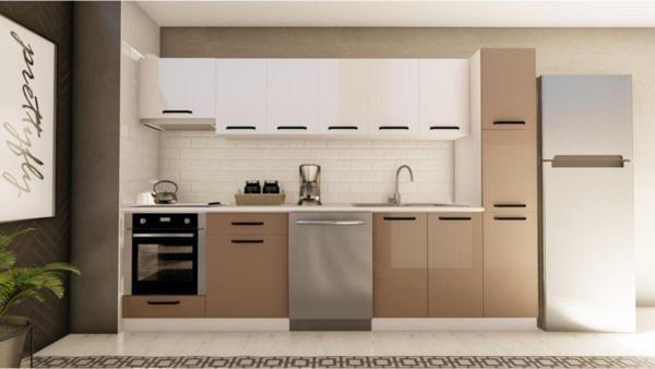 Visas Concept 300 Cm Almira Hazır Mutfak Dolabı Aspiratör, Ankastre Ve Kiler Modüllü Parlak Beyaz Ve Cappuccino - Image 1
