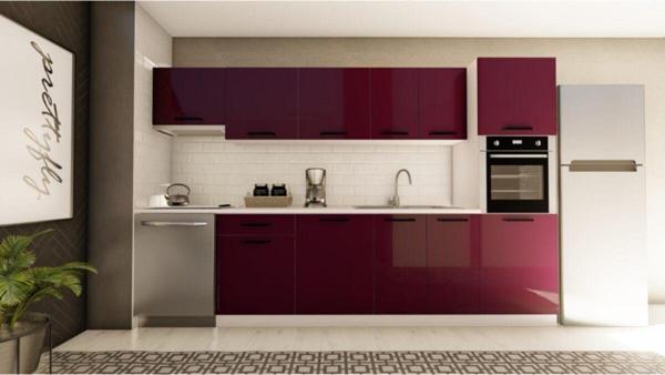Visas Concept 320 Cm Çiğdem Hazır Mutfak Dolabı Aspiratör Ve Ankastre Kiler Modüllü Parlak Mürdüm(Tezgah Dahil) - Image 1