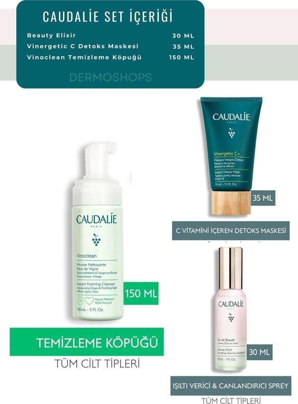 Caudalie Temiz Arınmış Işıltılı Günlük Bakım Seti | Elixir Sprey Kil Maskesi Temizleme Köpük 3 lü set - Image 1