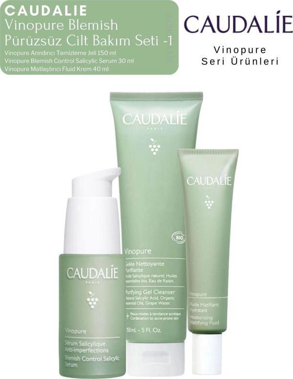 Caudalie Vinopure Blemish Pürüzsüz Cilt Bakım Seti -1 | Serum - Krem -Temizleme Jeli Orijinal Boy - Image 1