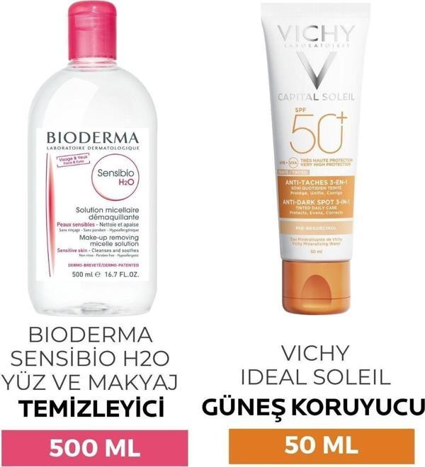 Vichy Ideal Soleil Spf50+anti-dark Spots 50 Ml + Bioderma Sensibio H2o Yüz Ve Makyaj Temizleme Suyu 500 Ml - Image 1