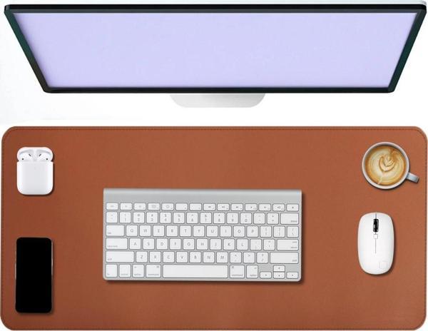 Kahverengi Deri Mouse Pad Dikişli Kenar  Çift Yönlü Masa Matı Sümen 70x30 L - Image 1