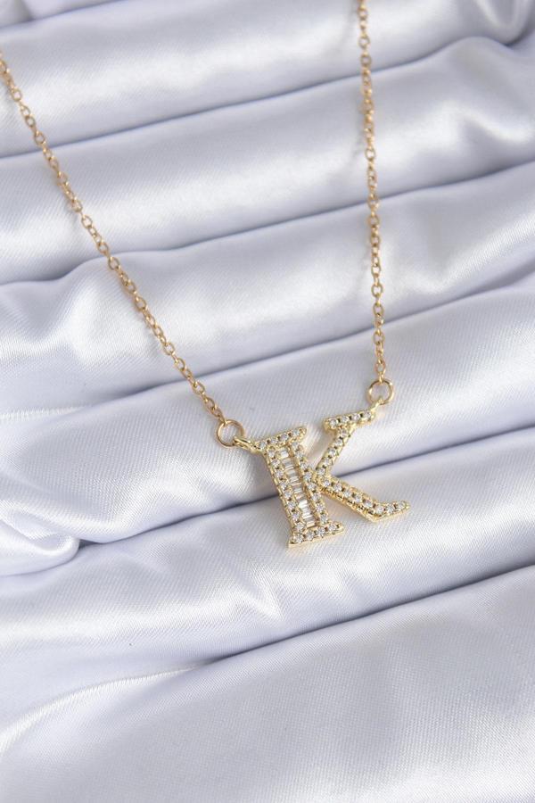 316L Çelik Gold Renk K Harf Model Zirkon Taşlı Kadın Kolye - TJ-BKO7712 - Image 1