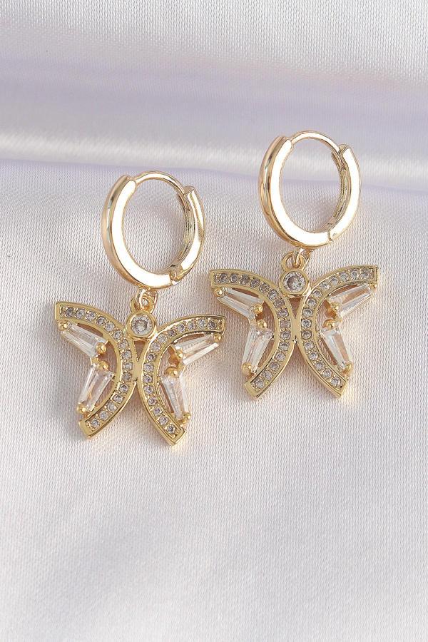 Pirinç Gold Renk Zirkon Taşlı Kelebek Tasarım Küpe - TJ-BKP8960 - Image 1