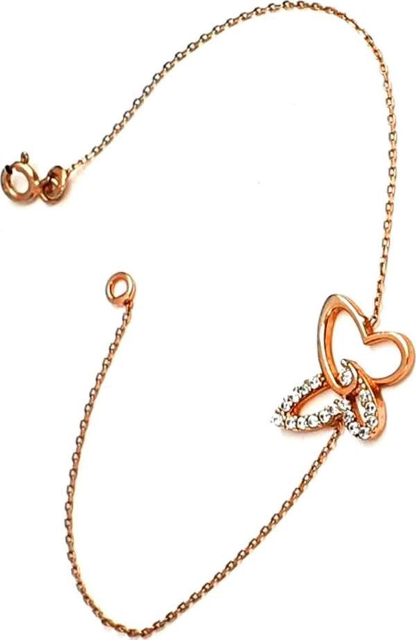 Kelebek Figürlü Zirkon Taş Detaylı Gümüş Rose Bileklik - Image 1