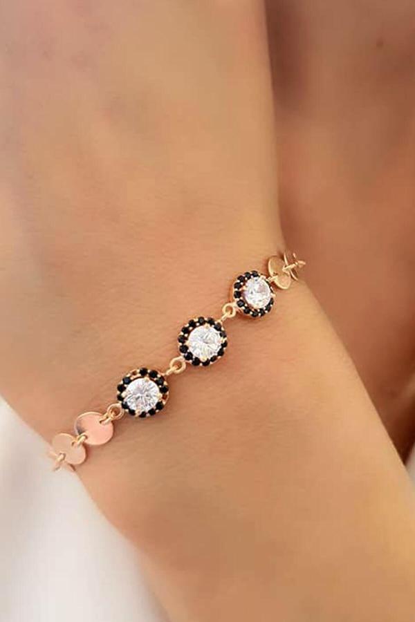 Oniks Tas Detayli Pullu Ayarlanabilir Asansörlü Gümüş Rose Bileklik - Image 1