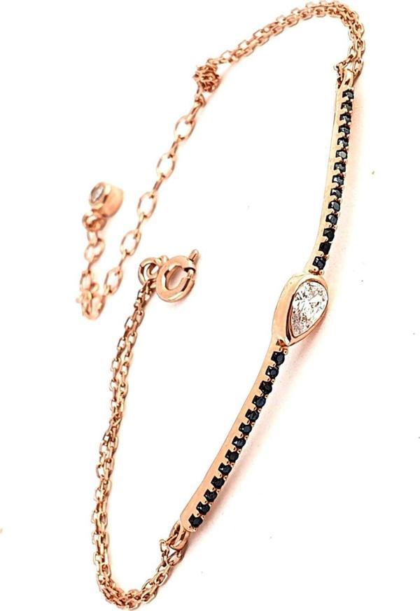 Oniks Taşlı Zirkon Taş Detaylı 925Ayar Gümüş Rose Trend Bileklik - Image 1