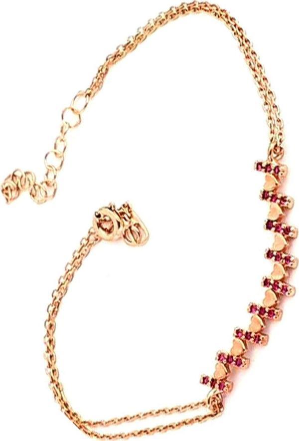 Pembe Zirkon Taşlı 925Ayar Gümüş Rose Kalpli Bileklik - Image 1