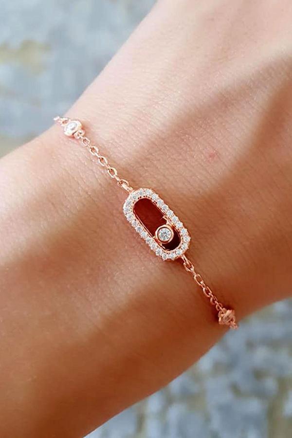 İtalyan Tasarımı Zirkon Taşlı Gümüş Üzerine Rose Altın Kaplama Bileklik - Image 1