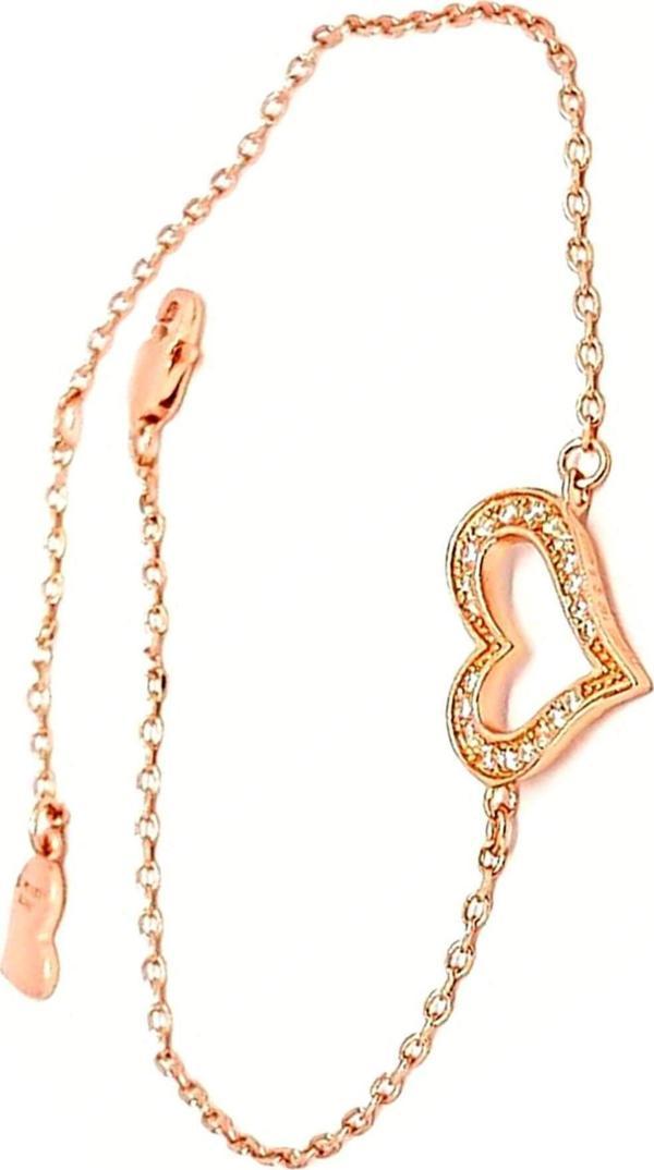 Kalp Figurlu Swarovski Tasli Gumus Rose Bileklik - Image 1