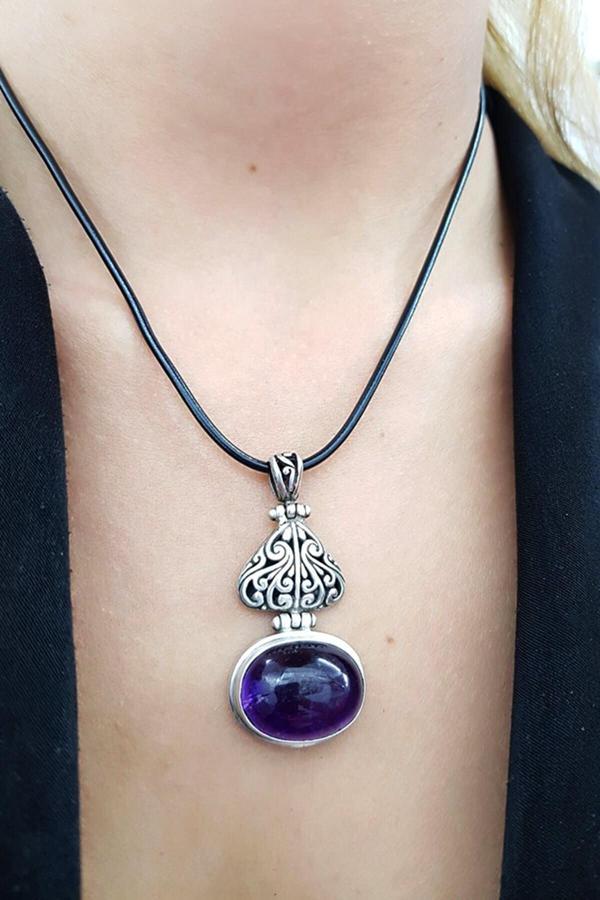 Doğal Ametist Taşlı Tasarım Gümüş Kolye Ucu ( Deri Kolye Hediyeli ) - Image 1