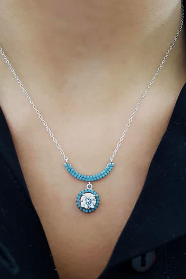 Turkuaz Ve Zirkon Taşlı Gümüş Bayan Kolye - Image 1