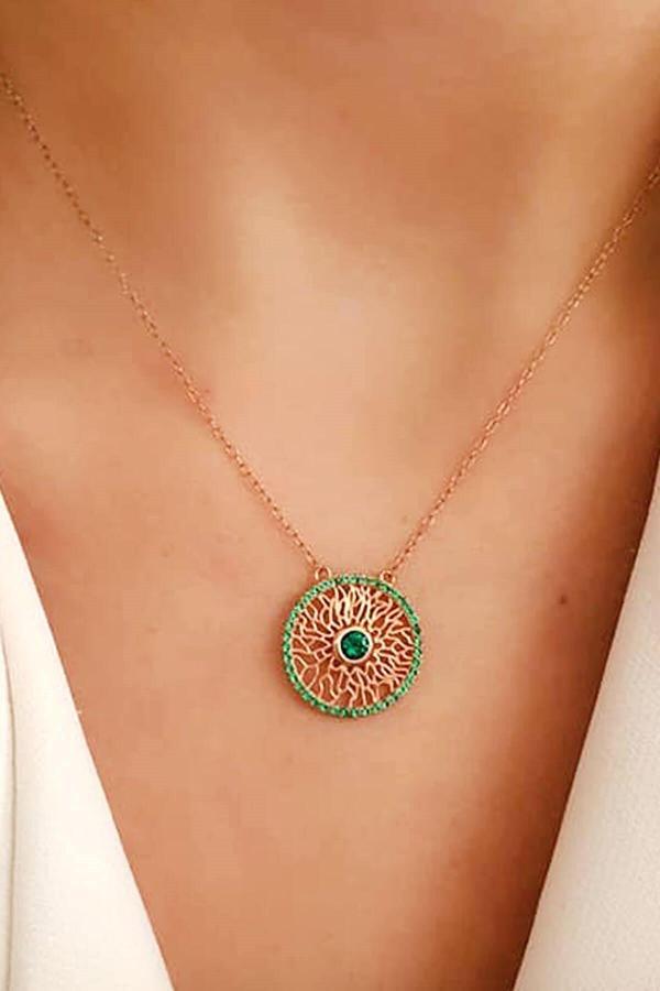 Yeşil Zirkon Taşlı Gümüş Rose Kolye - Image 1