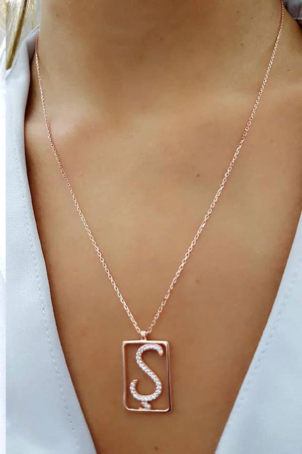 Ş Harfi Zirkon Taşlı Gümüş Rose Kolye - Image 1