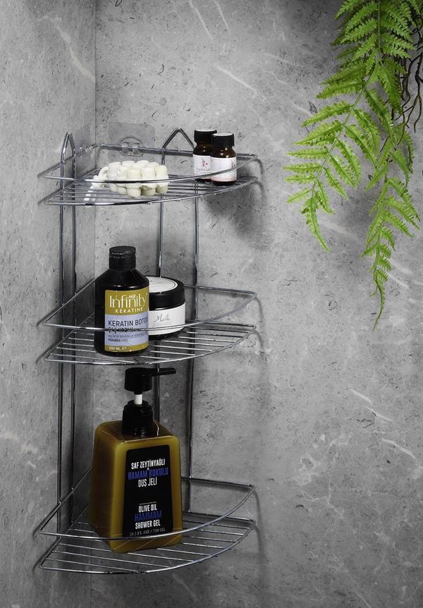 Yapışkanlı Banyo Köşeliği Düzenleyici Şampuanlık Duş Rafı Krom EK-03 - Image 1