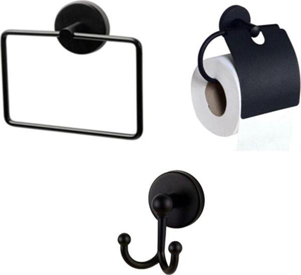 Banyo Aksesuar Seti Siyah Kare Havluluk Tuvalet Kağıtlığı Bornozluk Mat Siyah - Image 1
