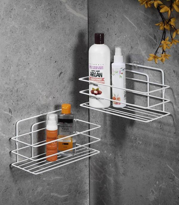 Ömür Boyu Paslanmaz Yapışkanlı Banyo Düzenleyici Şampuanlık Duş Rafı 2 Adet Beyaz TŞ-01 - Image 1